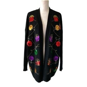 Holiday Time large Christmas sweater cardigan black presents ornaments red green